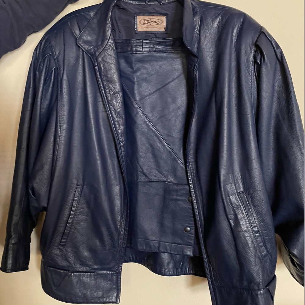 Eugene Navy Leather Jacket and Textured Leather Skirt Set